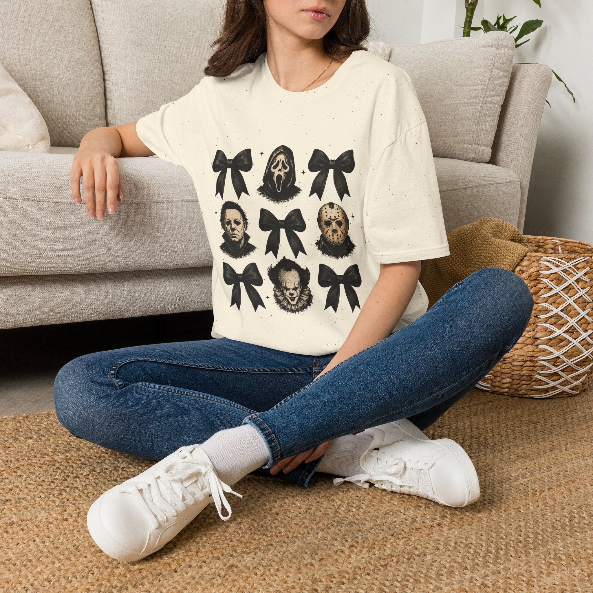 Horror Icons & Bows Graphic T-Shirt — Scream, Michael Myers & Jason Novelty Tee