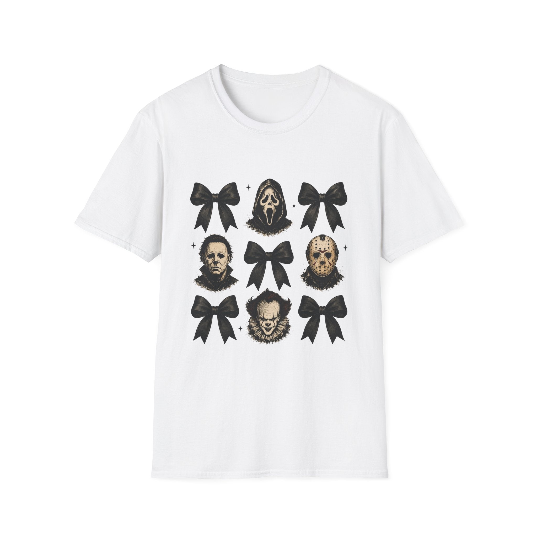 Horror Icons & Bows Graphic T-Shirt — Scream, Michael Myers & Jason Novelty Tee