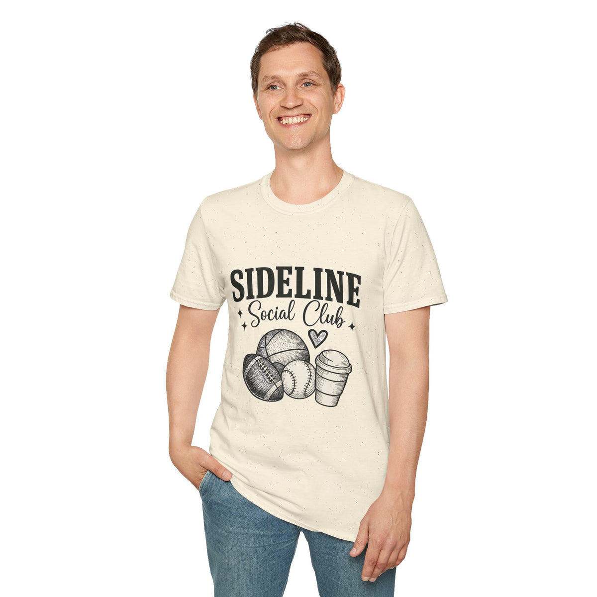 Sideline Social Club T-Shirt — Cute Sports Mom Tee with Volleyball, Football & Coffee Graphic