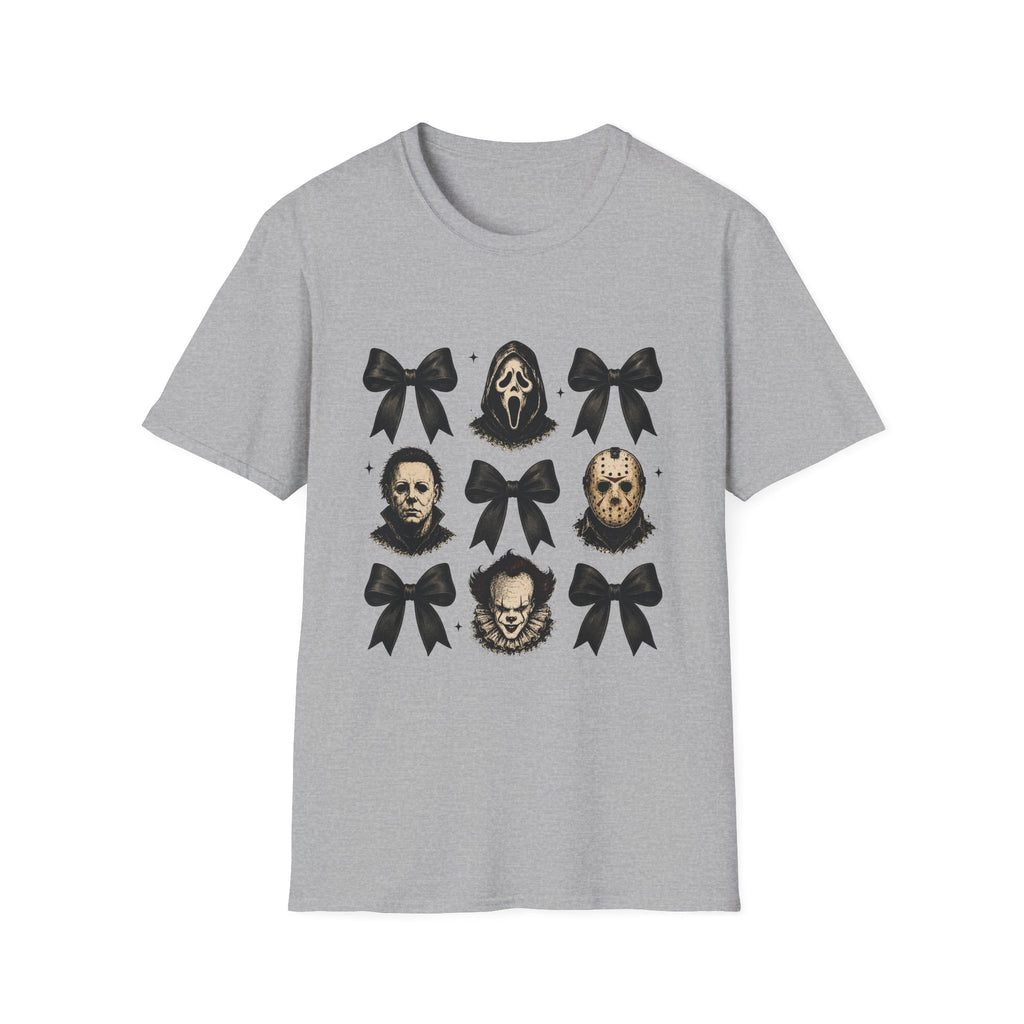 Horror Icons & Bows Graphic T-Shirt — Scream, Michael Myers & Jason Novelty Tee