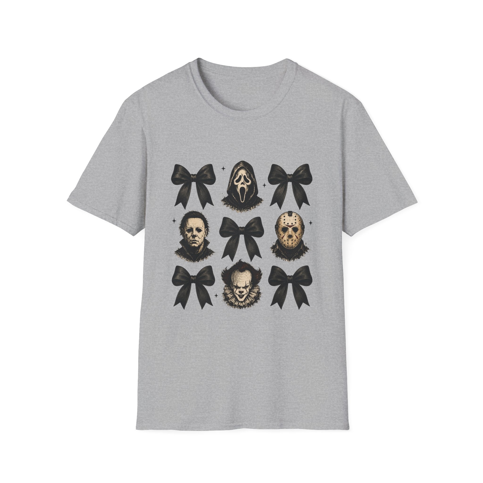 Horror Icons & Bows Graphic T-Shirt — Scream, Michael Myers & Jason Novelty Tee