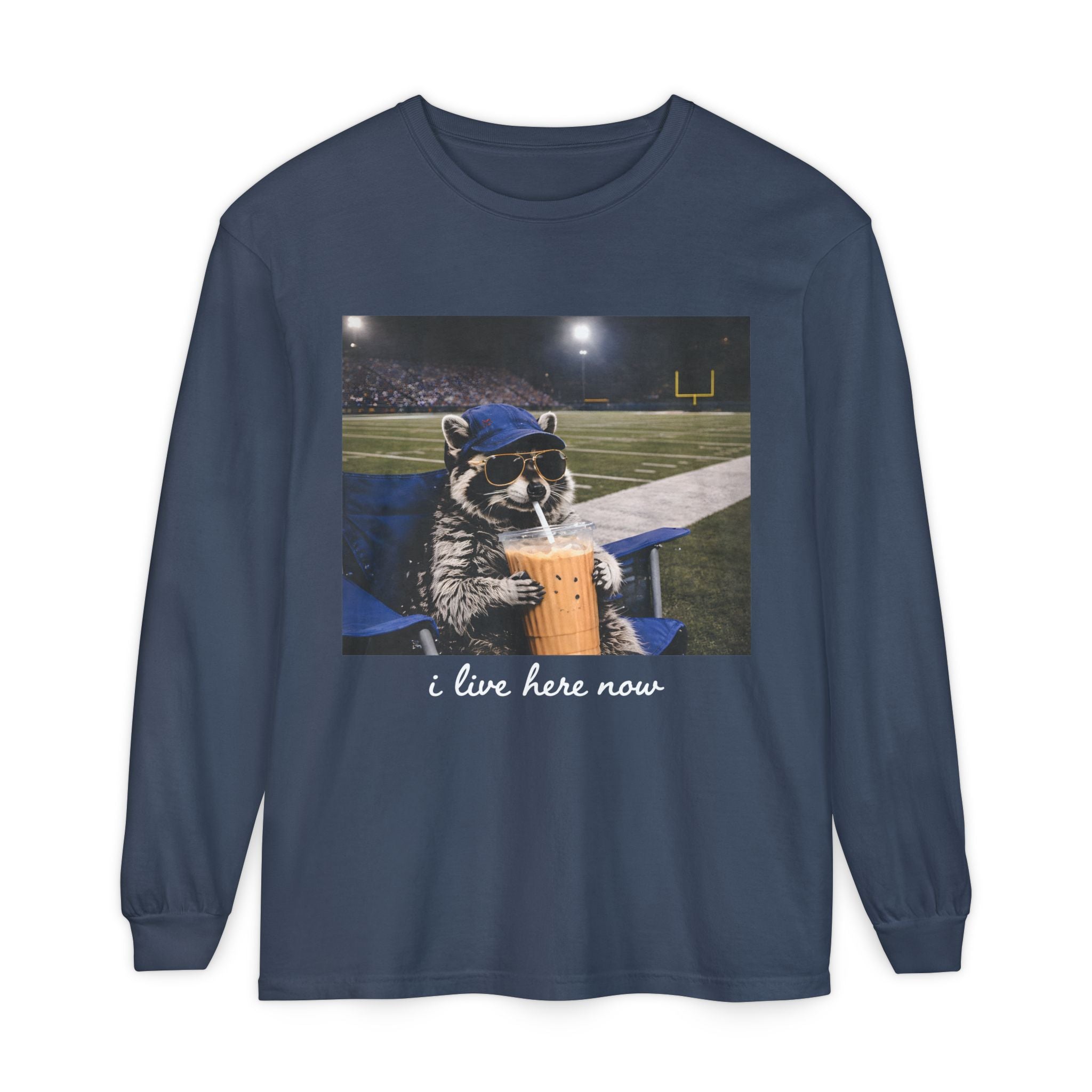 Raccoon Stadium Long Sleeve Tee — "I Live Here Now" Graphic