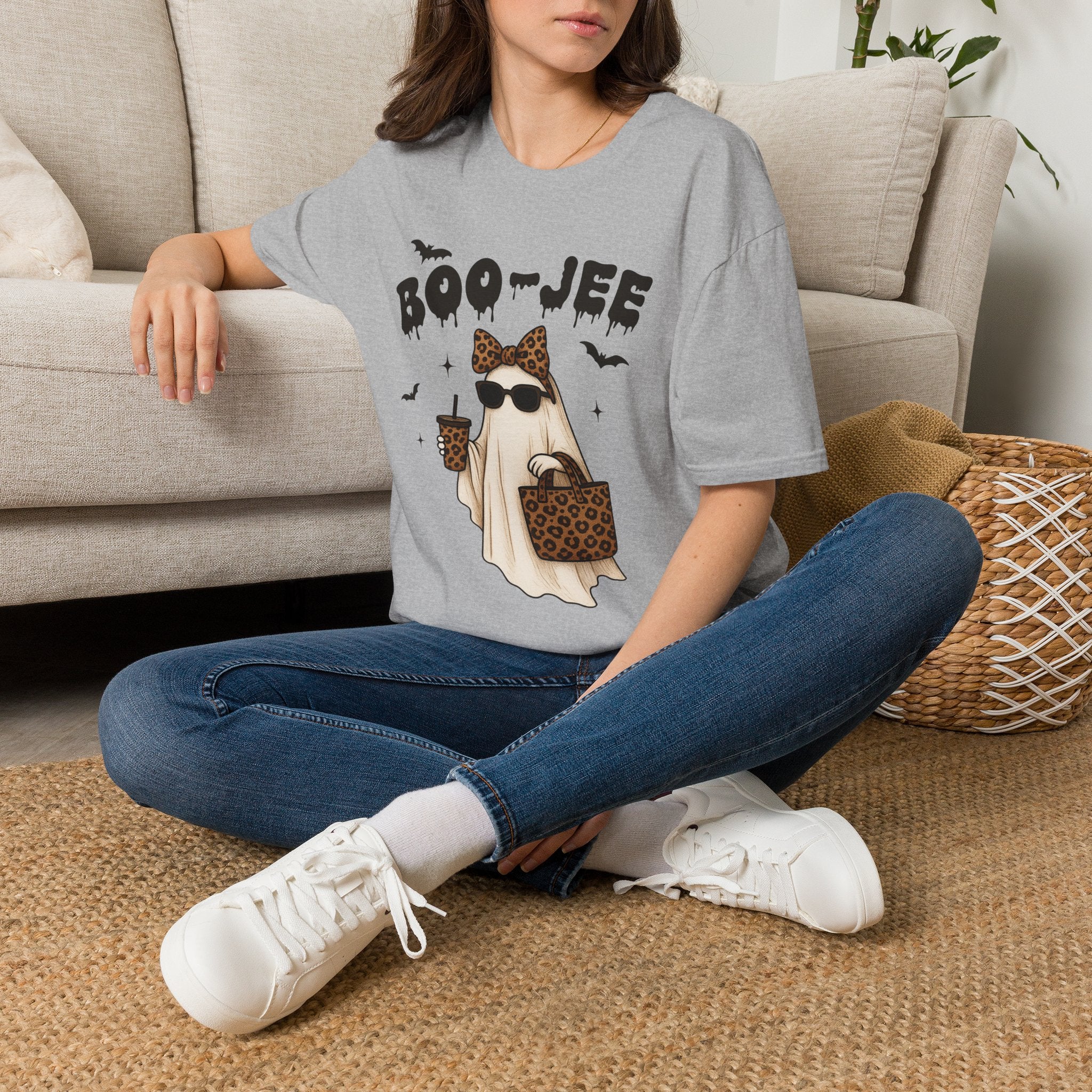 Boo-Jeep Ghost Graphic T-Shirt — Cute Spooky Halloween Tee with Sunglasses & Leopard Bow