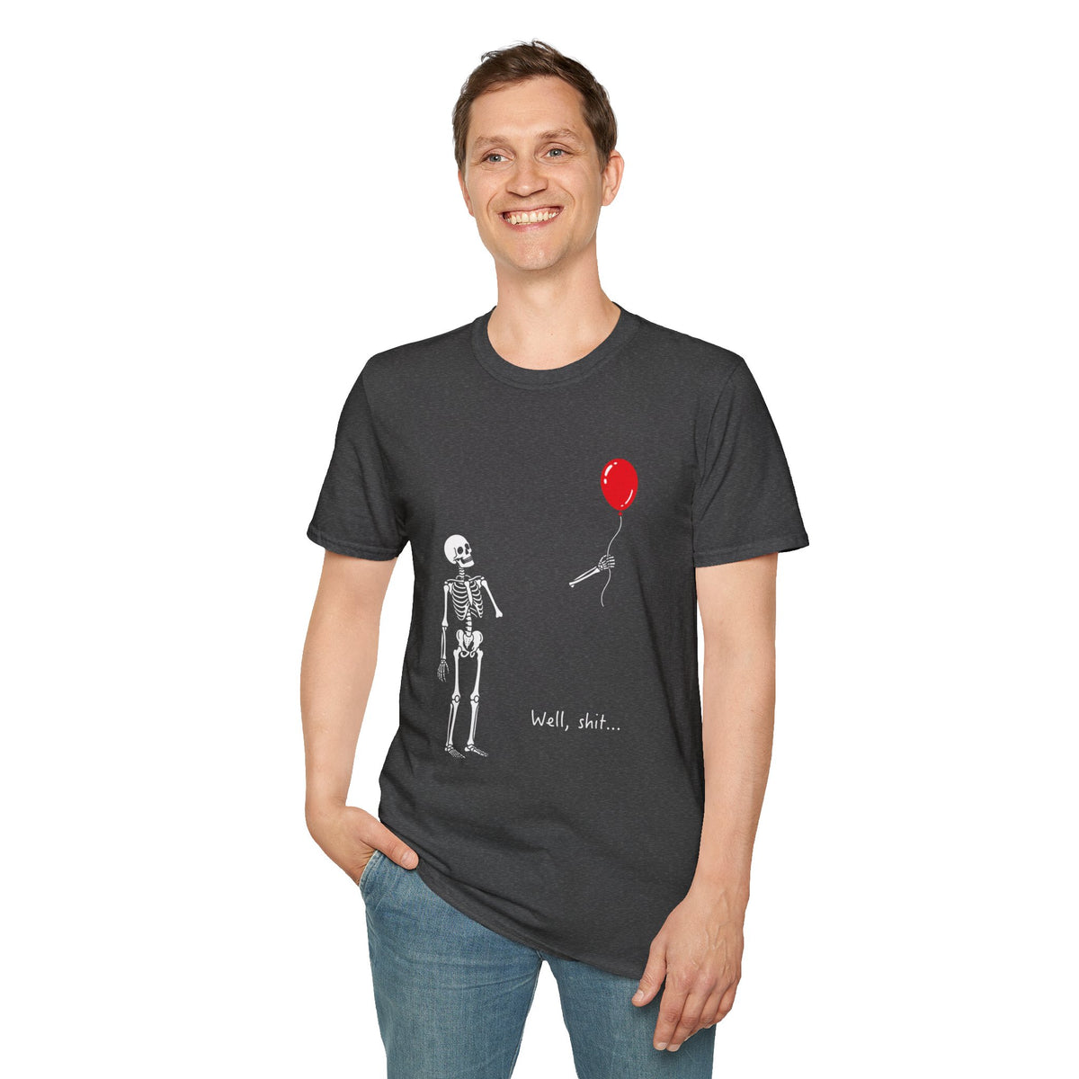 Skeleton Reaching for Red Balloon T‑Shirt — Funny Dark Humour Tee
