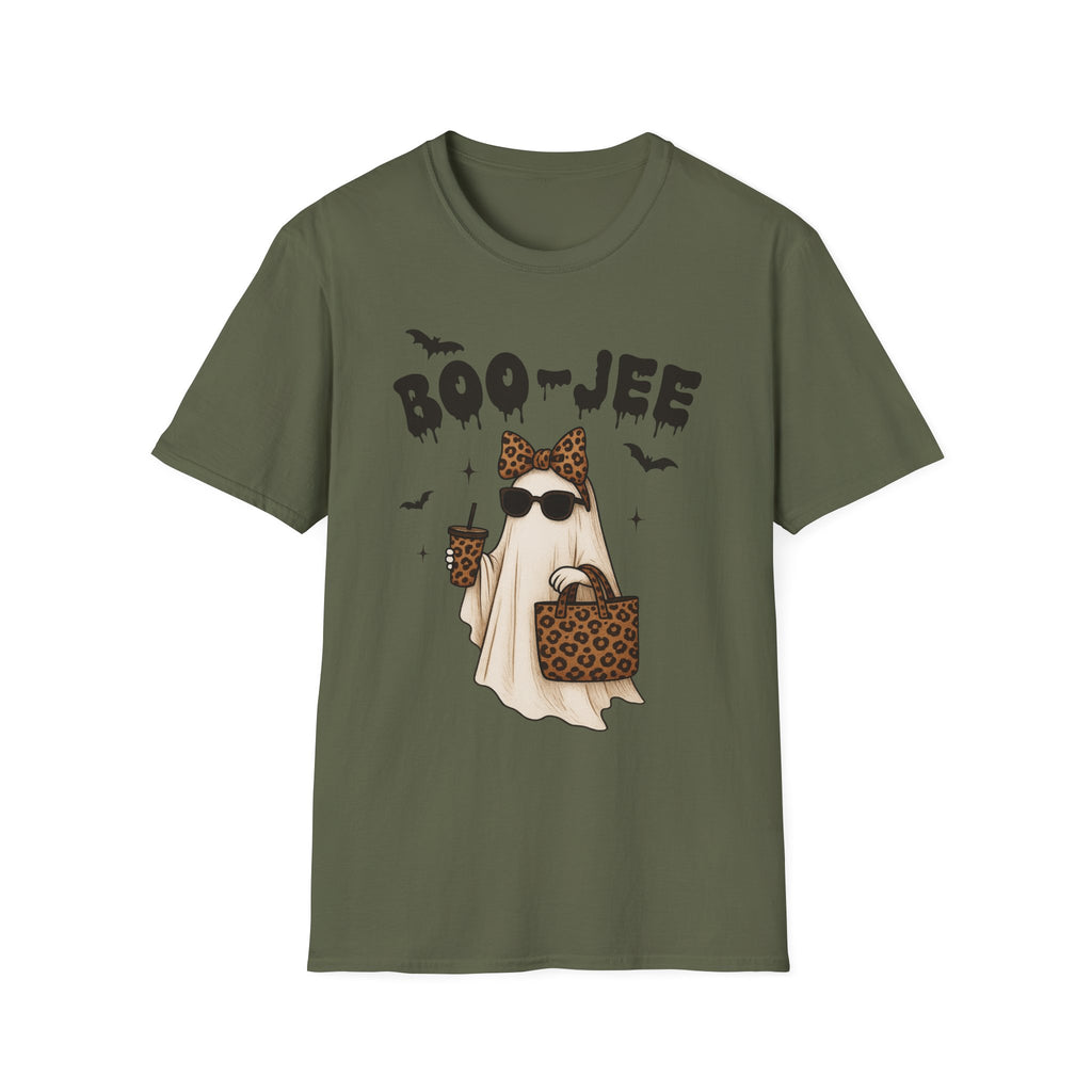 Boo-Jeep Ghost Graphic T-Shirt — Cute Spooky Halloween Tee with Sunglasses & Leopard Bow
