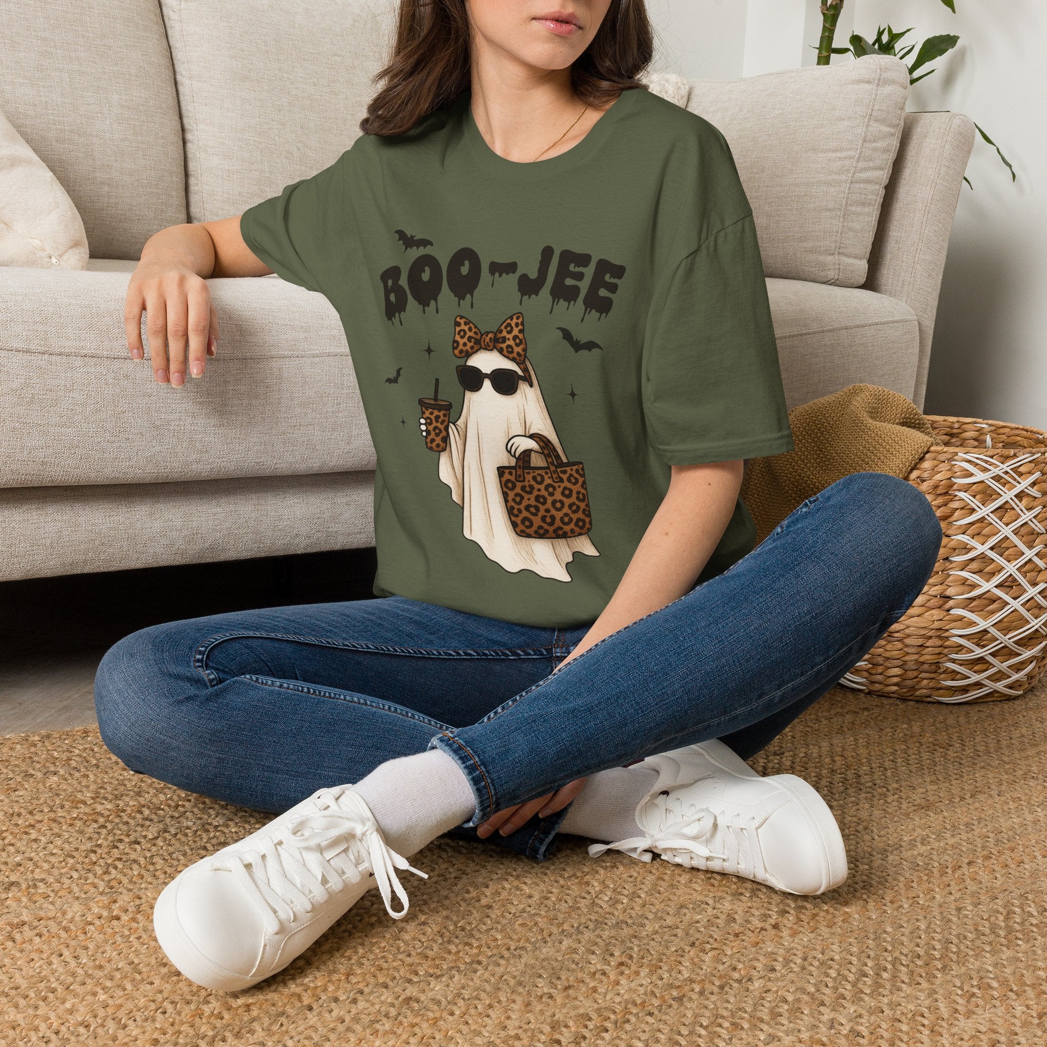 Boo-Jeep Ghost Graphic T-Shirt — Cute Spooky Halloween Tee with Sunglasses & Leopard Bow