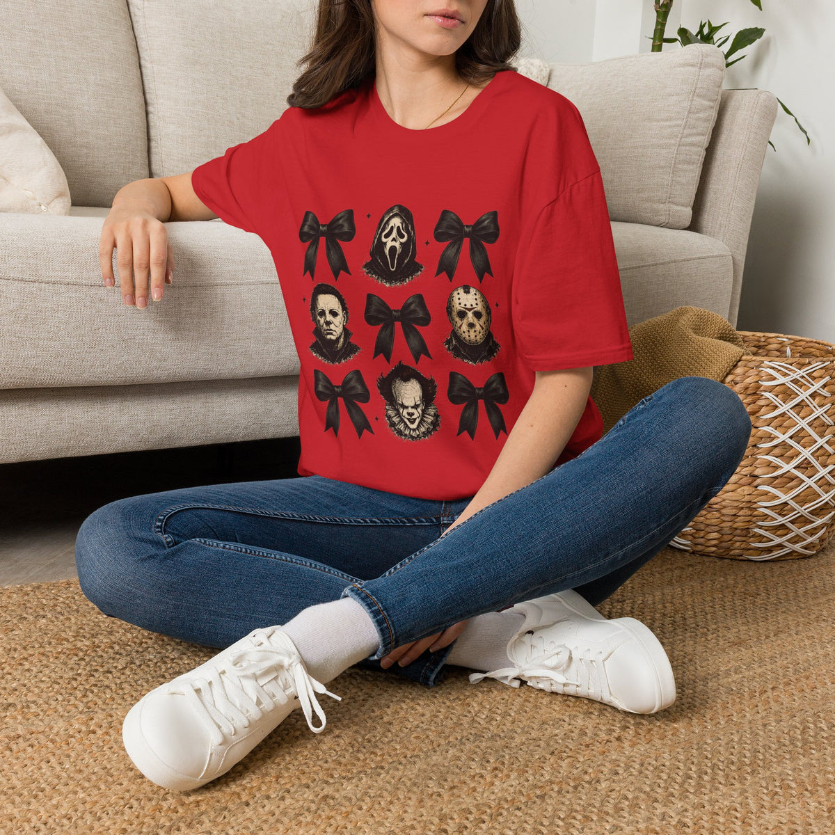 Horror Icons & Bows Graphic T-Shirt — Scream, Michael Myers & Jason Novelty Tee