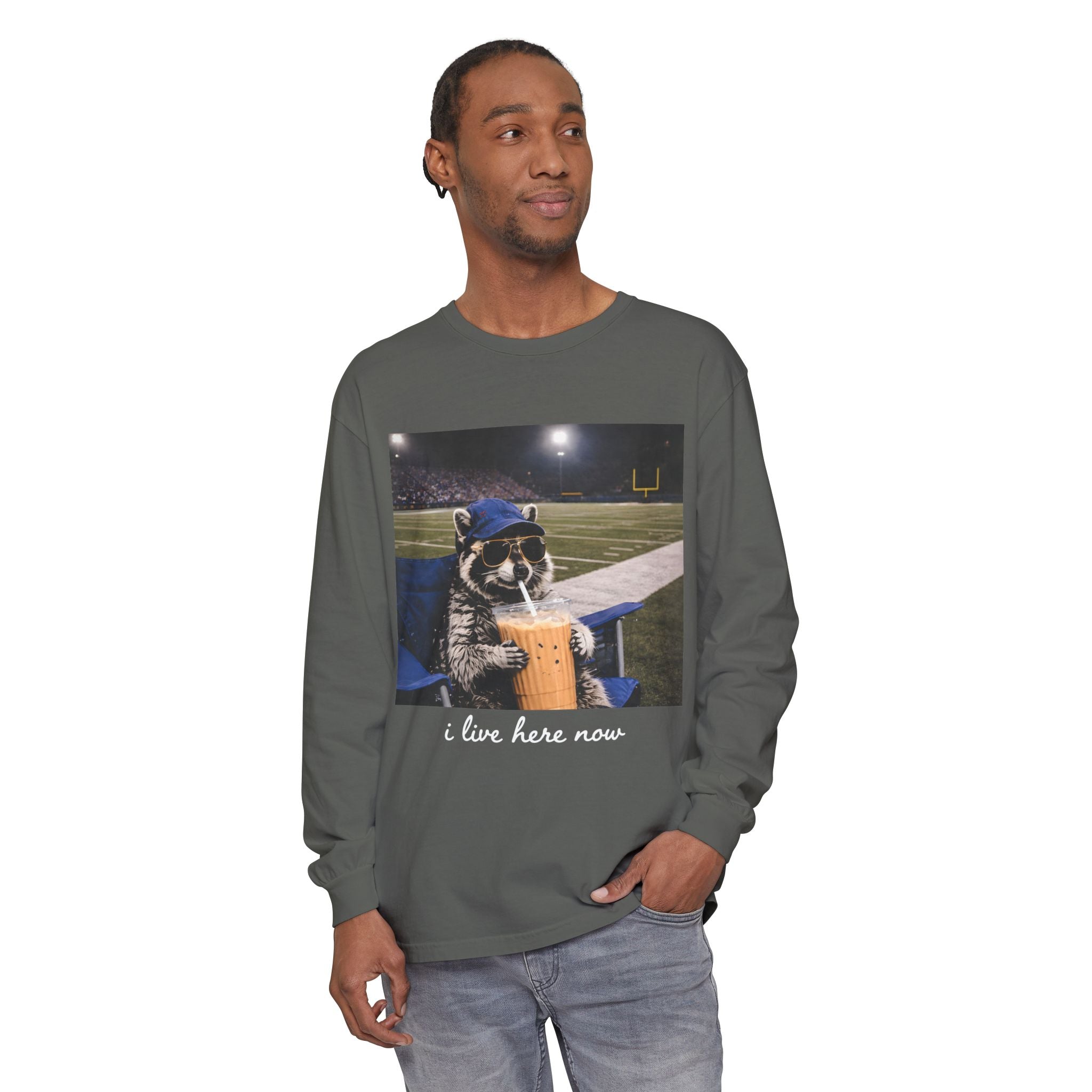 Raccoon Stadium Long Sleeve Tee — "I Live Here Now" Graphic
