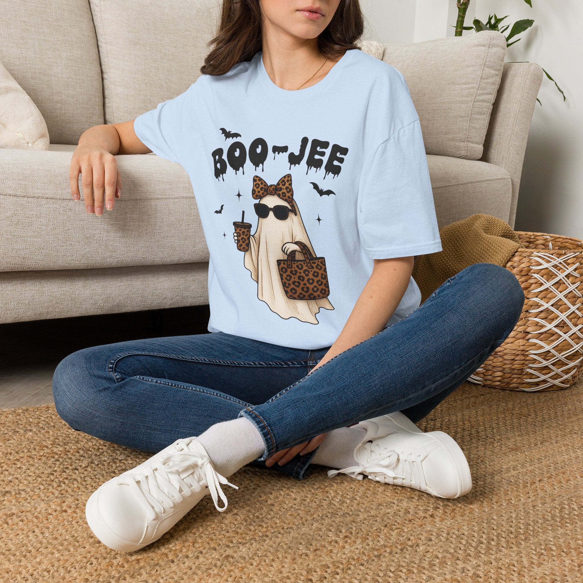 Boo-Jeep Ghost Graphic T-Shirt — Cute Spooky Halloween Tee with Sunglasses & Leopard Bow