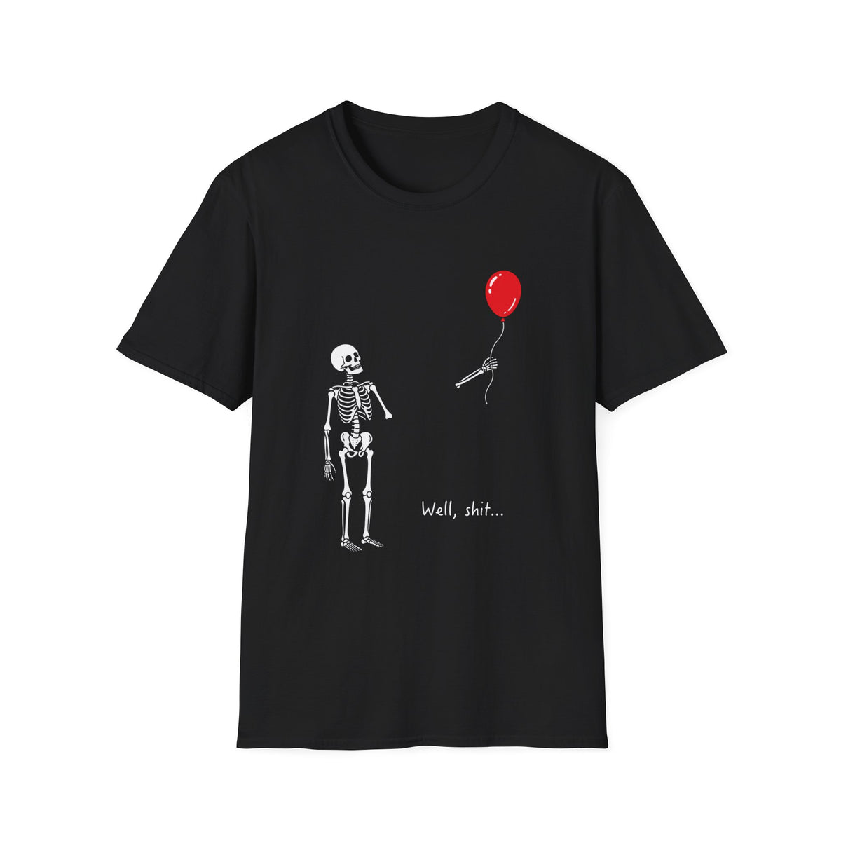 Skeleton Reaching for Red Balloon T‑Shirt — Funny Dark Humour Tee