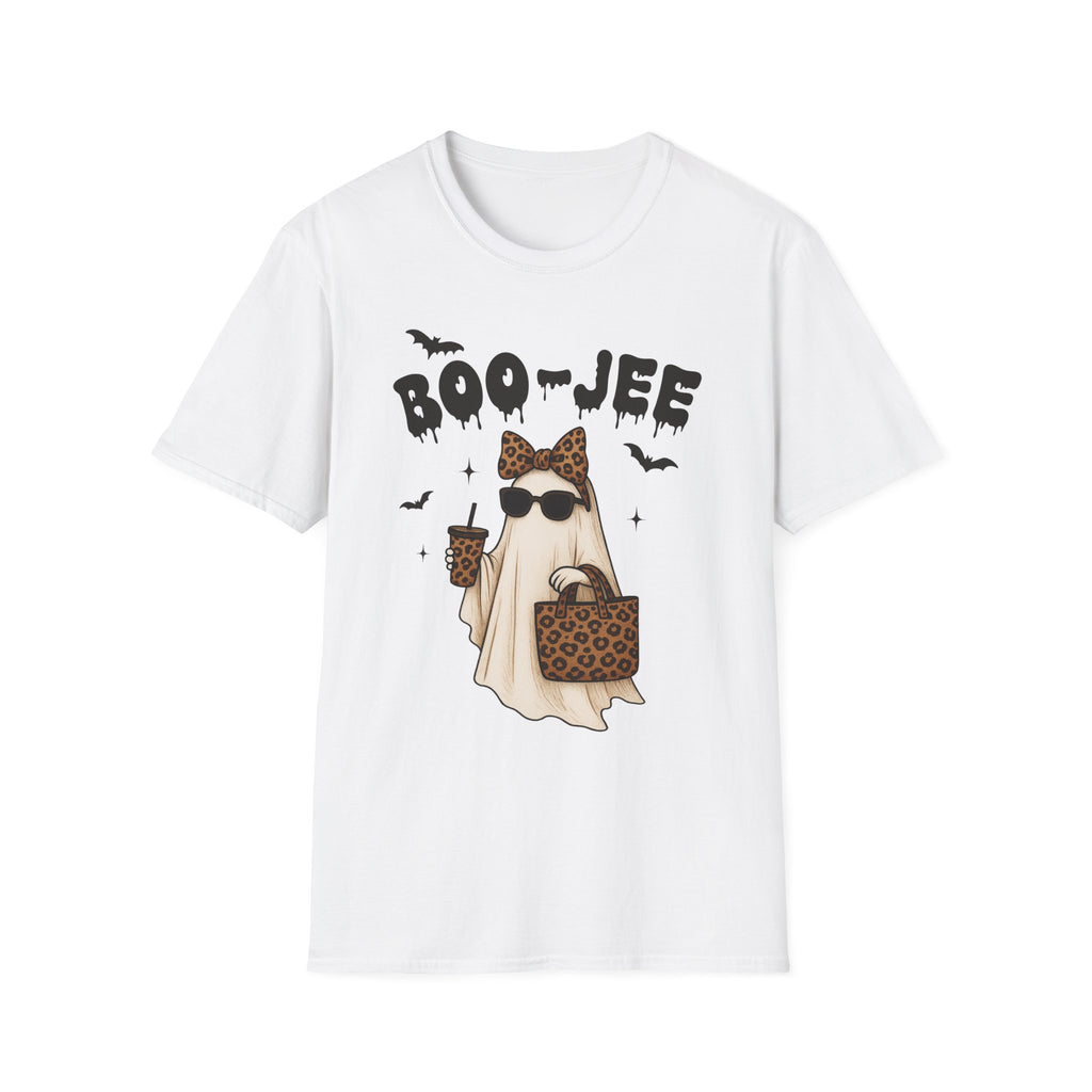Boo-Jeep Ghost Graphic T-Shirt — Cute Spooky Halloween Tee with Sunglasses & Leopard Bow