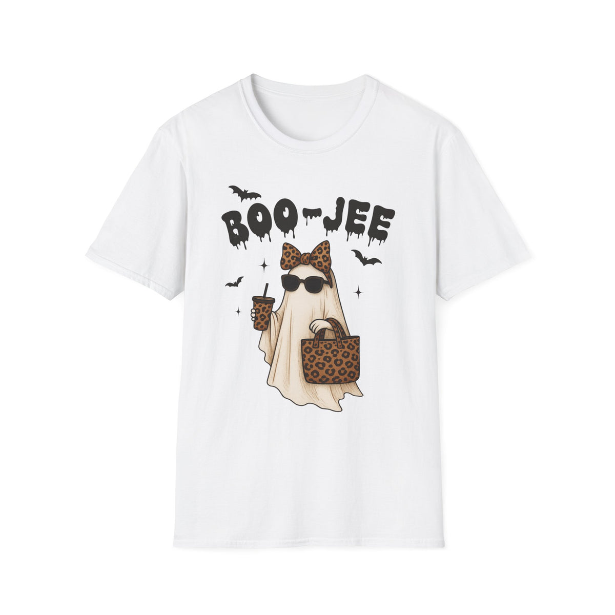 Boo-Jeep Ghost Graphic T-Shirt — Cute Spooky Halloween Tee with Sunglasses & Leopard Bow