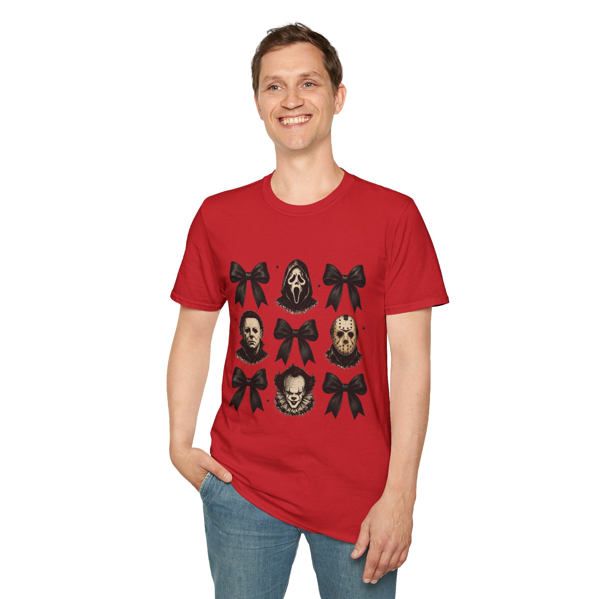 Horror Icons & Bows Graphic T-Shirt — Scream, Michael Myers & Jason Novelty Tee